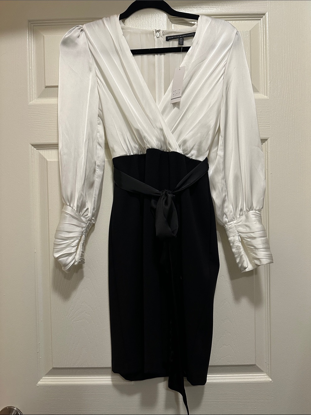 White House Black Market Black and White Surplice Tie-Waist Dress